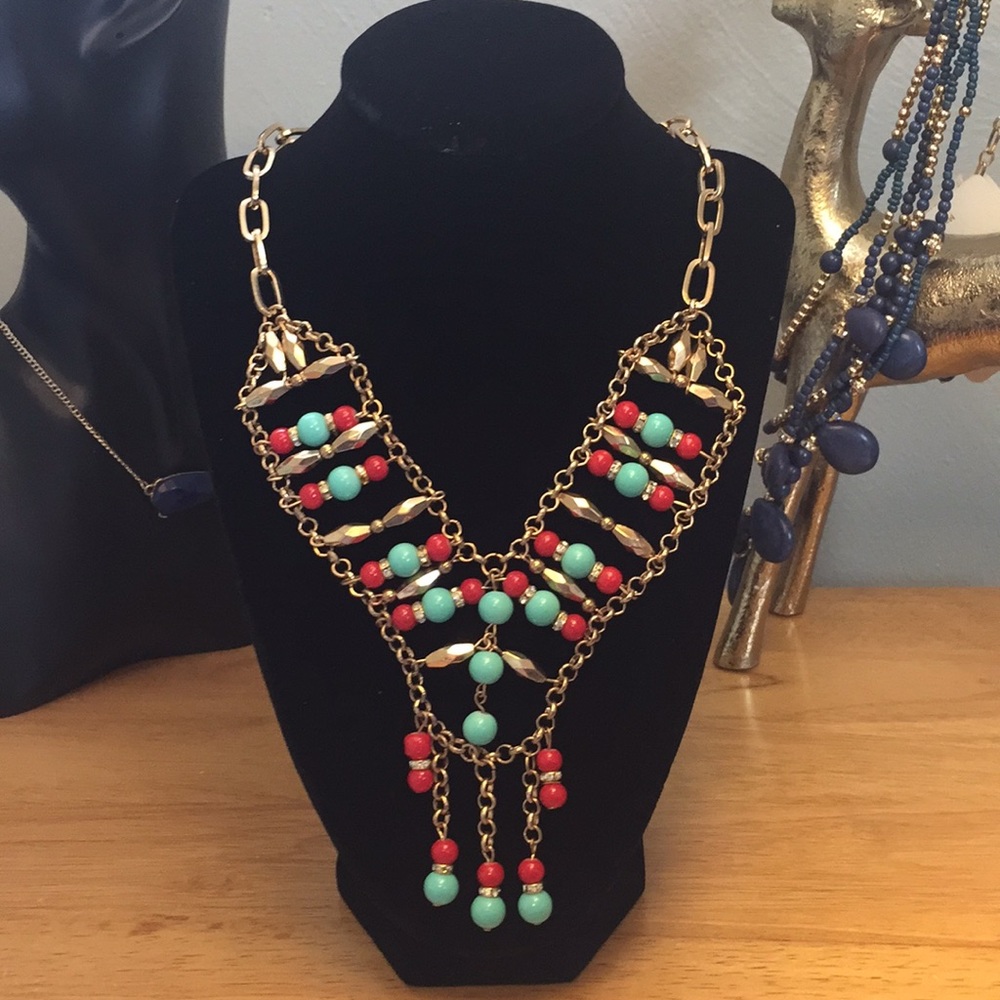 Turquoise & Red Boho Statement Necklace & Earrings